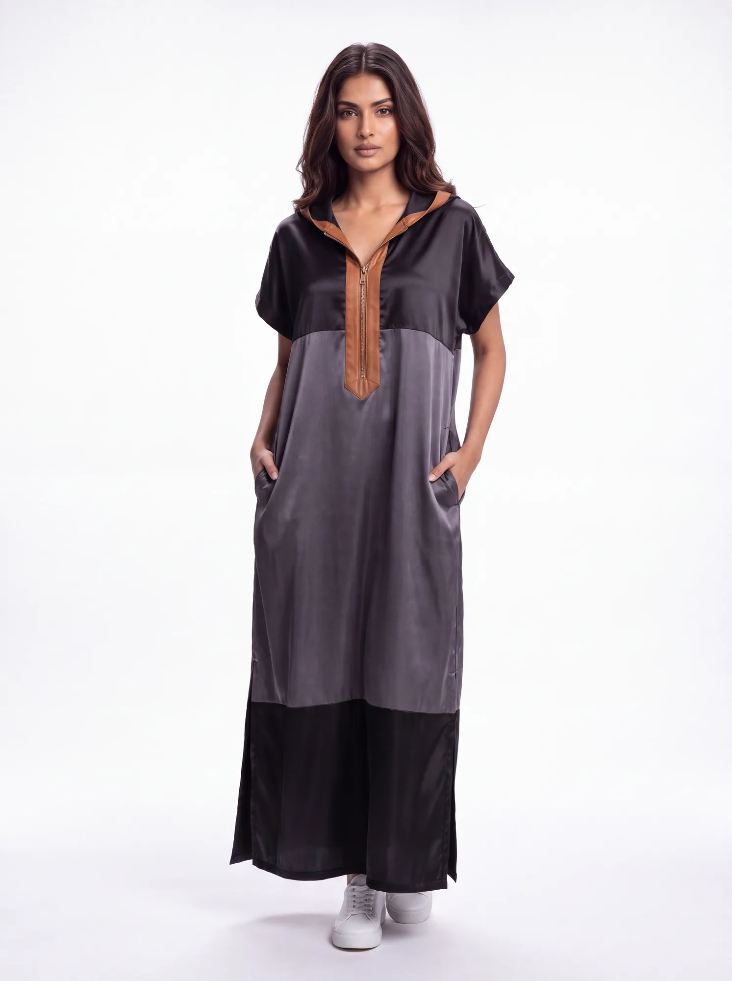 Midnight Satin Hooded Kaftan - view 1