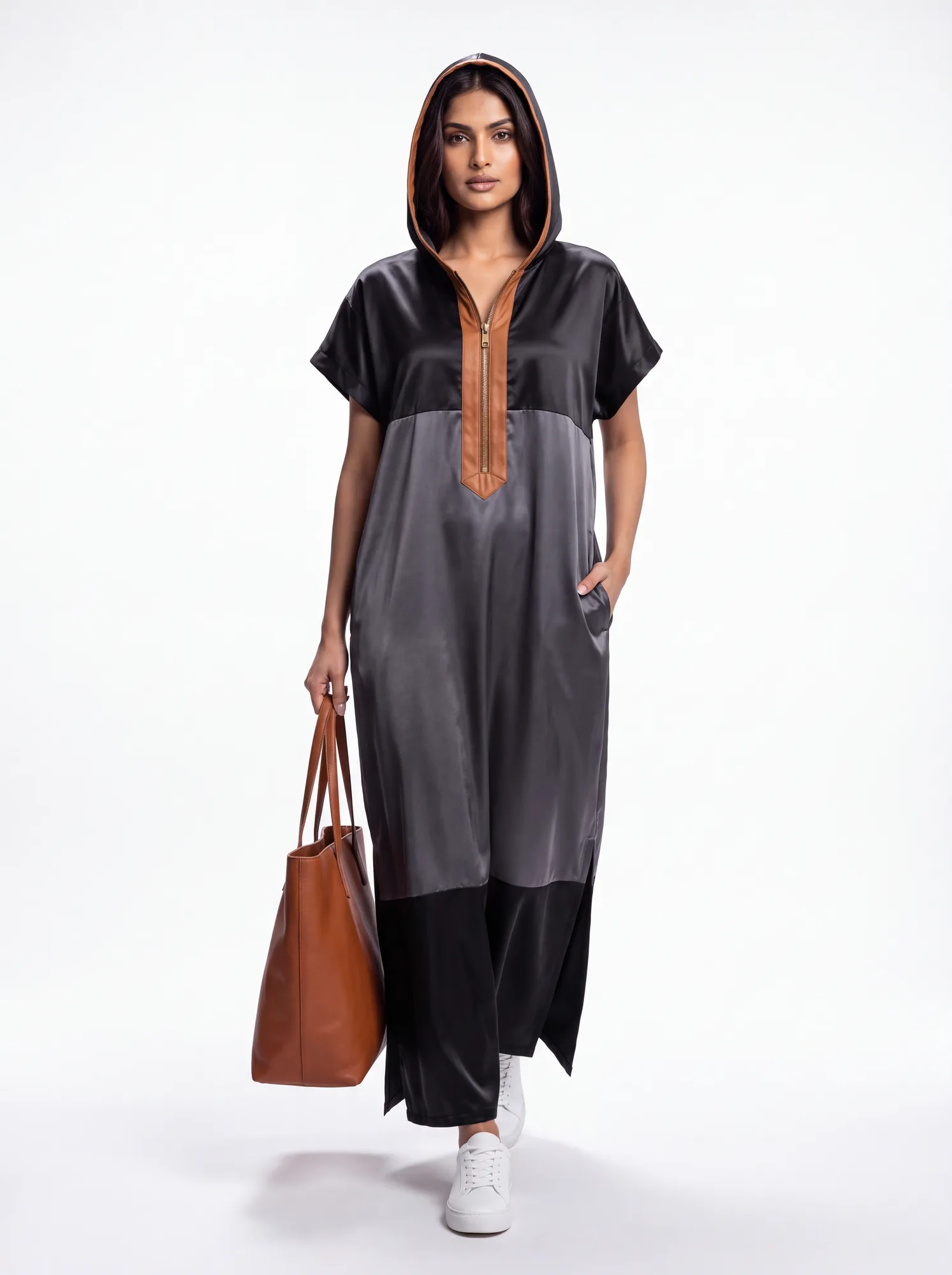 Midnight Satin Hooded Kaftan - view 2