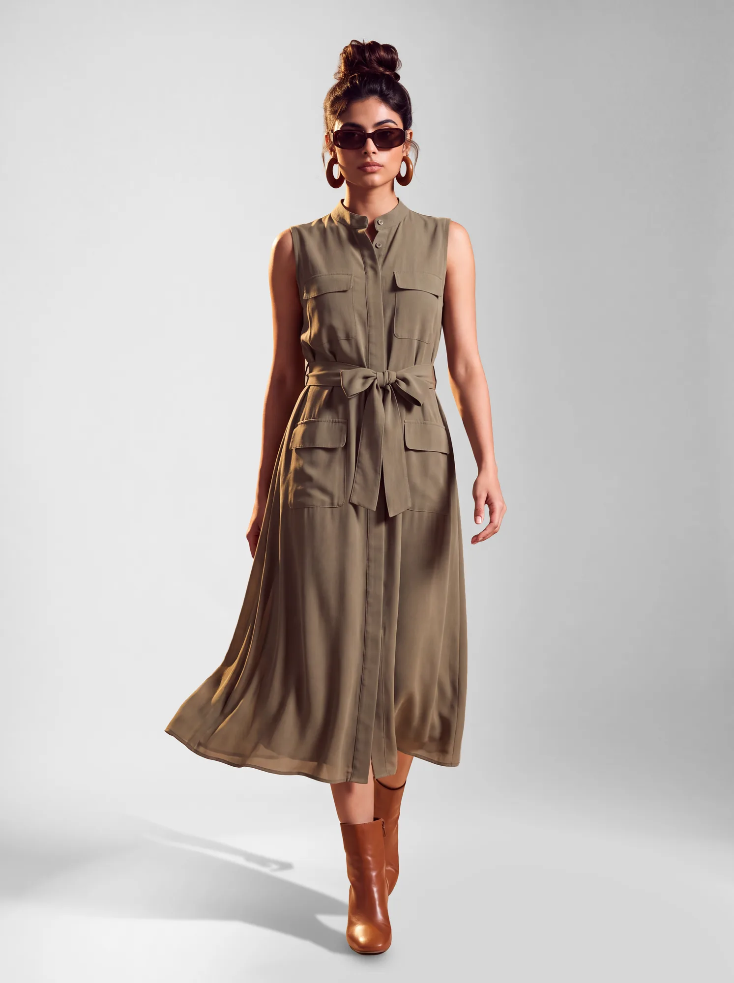 Olive Utility Belted Midi Dress - view 3